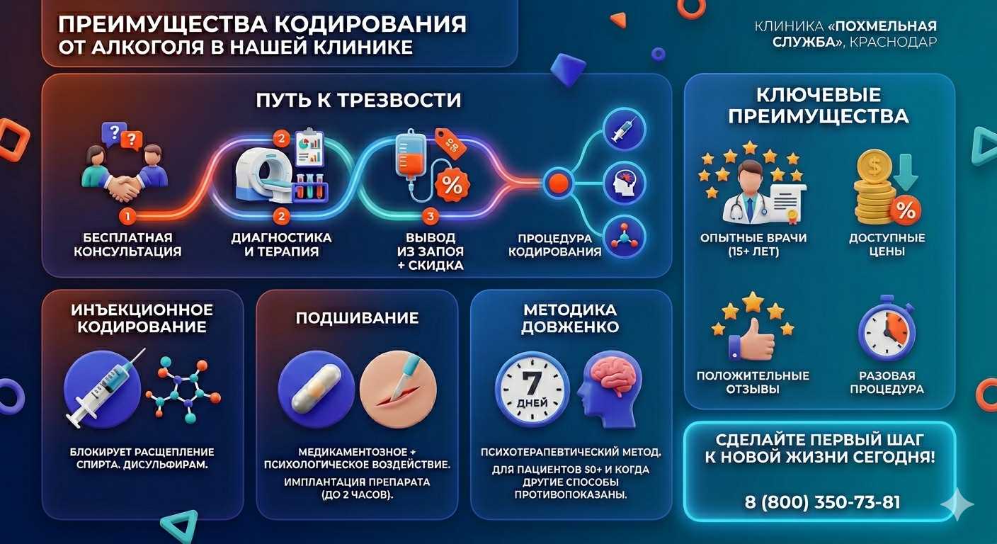 Инфографика о методах кодирования от алкоголя в Десногорске: инъекции, подшивание, метод Довженко. Преимущества клиники и этапы лечения.
