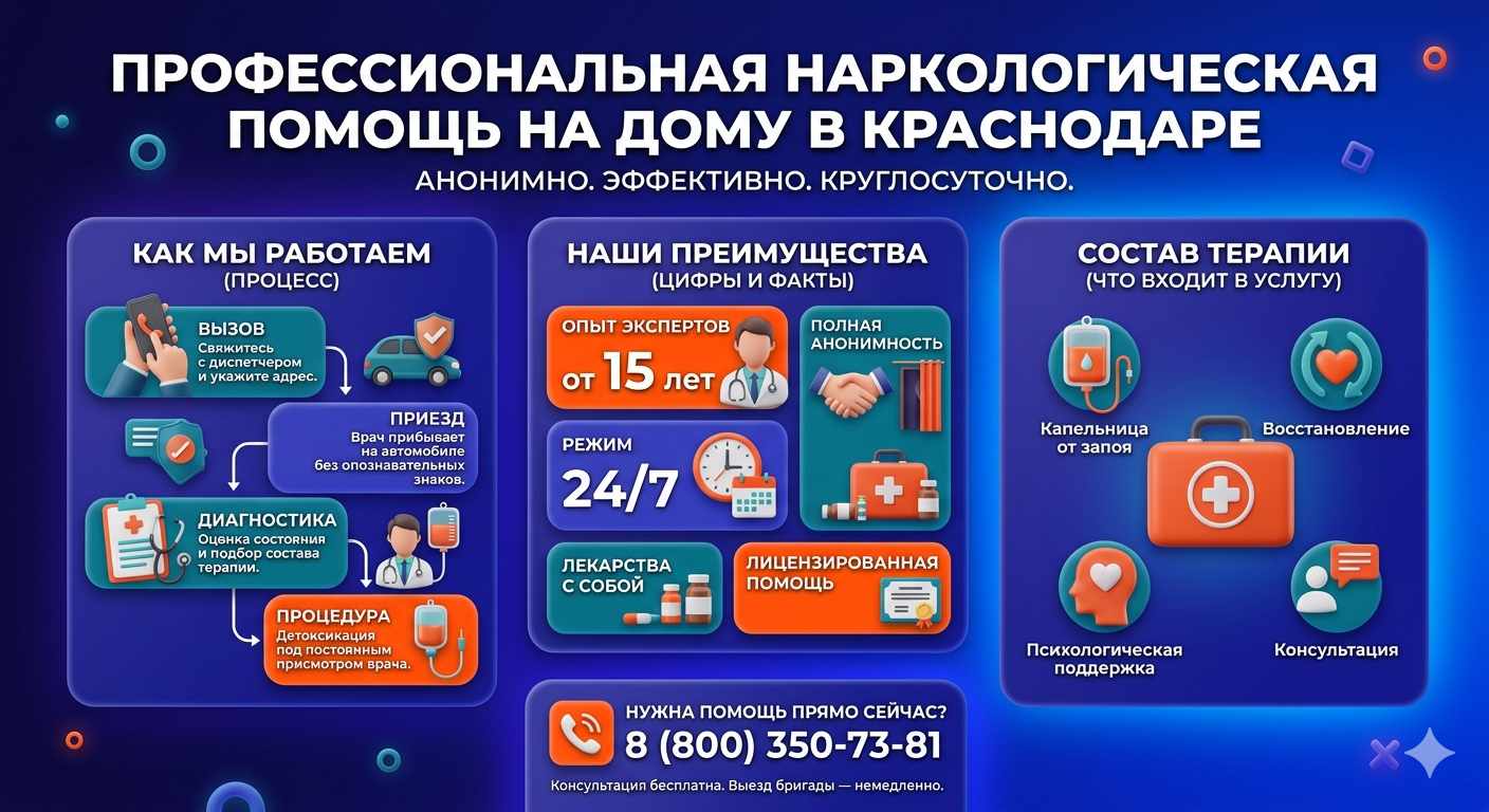 Инфографика о принципах лечения алкоголизма на дому в Десногорске: этапы вызова нарколога, преимущества анонимной детоксикации и состав медицинской помощи.